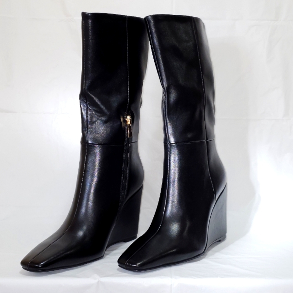 Torgeis Milan Women's Tall Boots, Side Zipper, Wedge Heel, US 8, Black